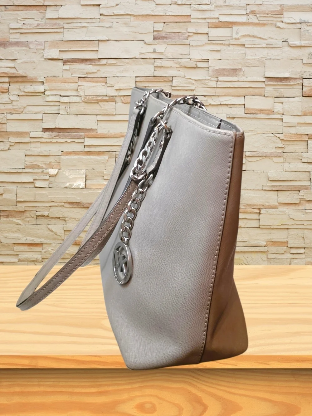 Michael Kors Large Saffiano Leather Beige Taupe Chain Tote Gold Accents